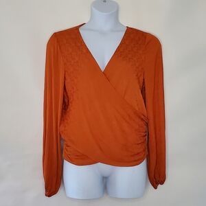 By Anthropologie Crossover Top Size XL Rust Long Sleeve Smocked Waist Blouse